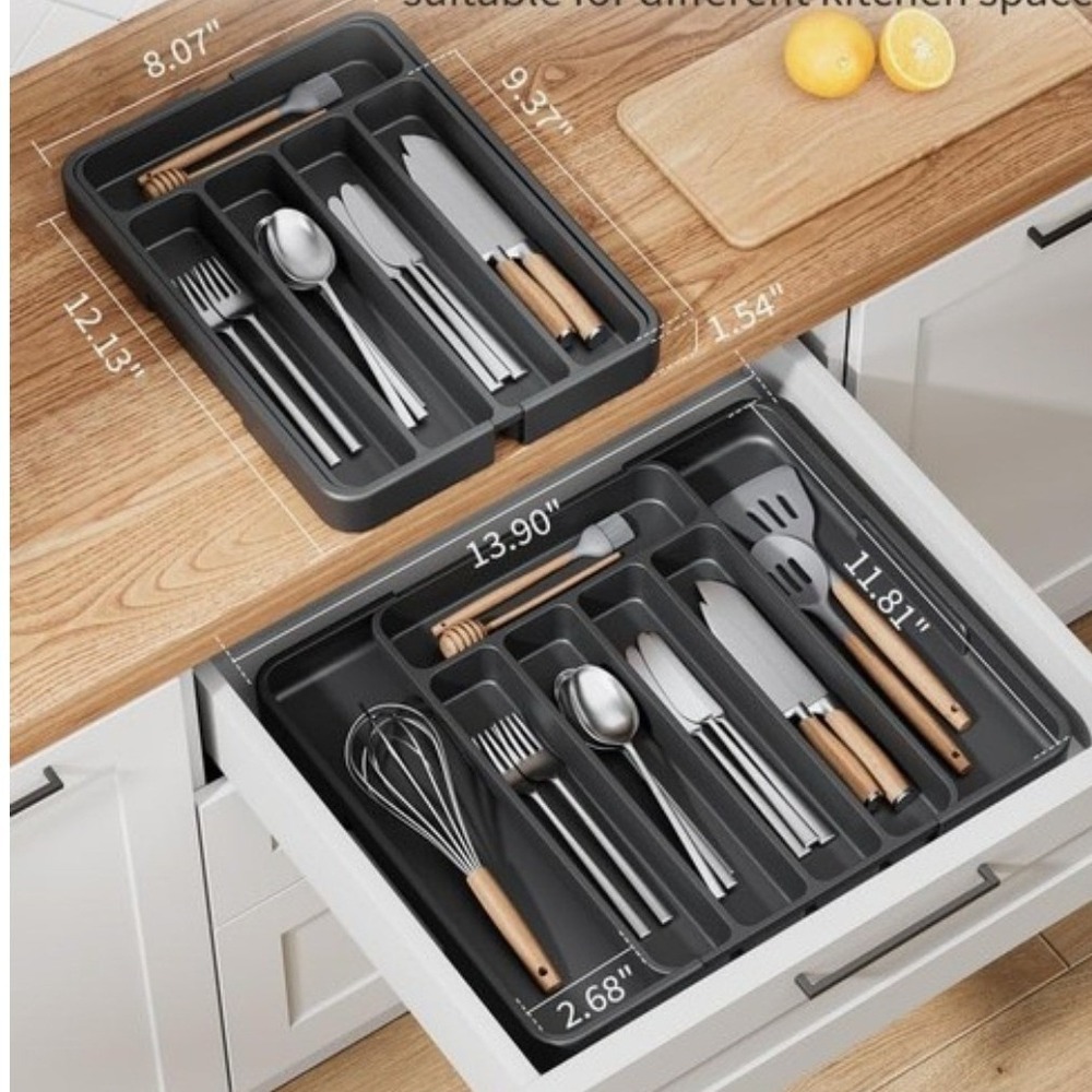 2PACK Kitsure Silverware Adjustable Drawer Organizer Utensil Tray Holder Black